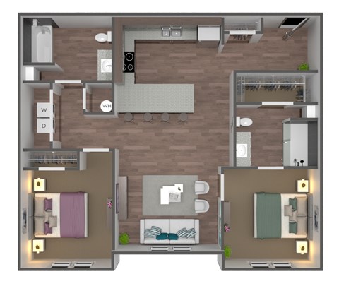 A 3D floor plan of a house with two bedrooms, a living room, a kitchen, and a bathroom.
